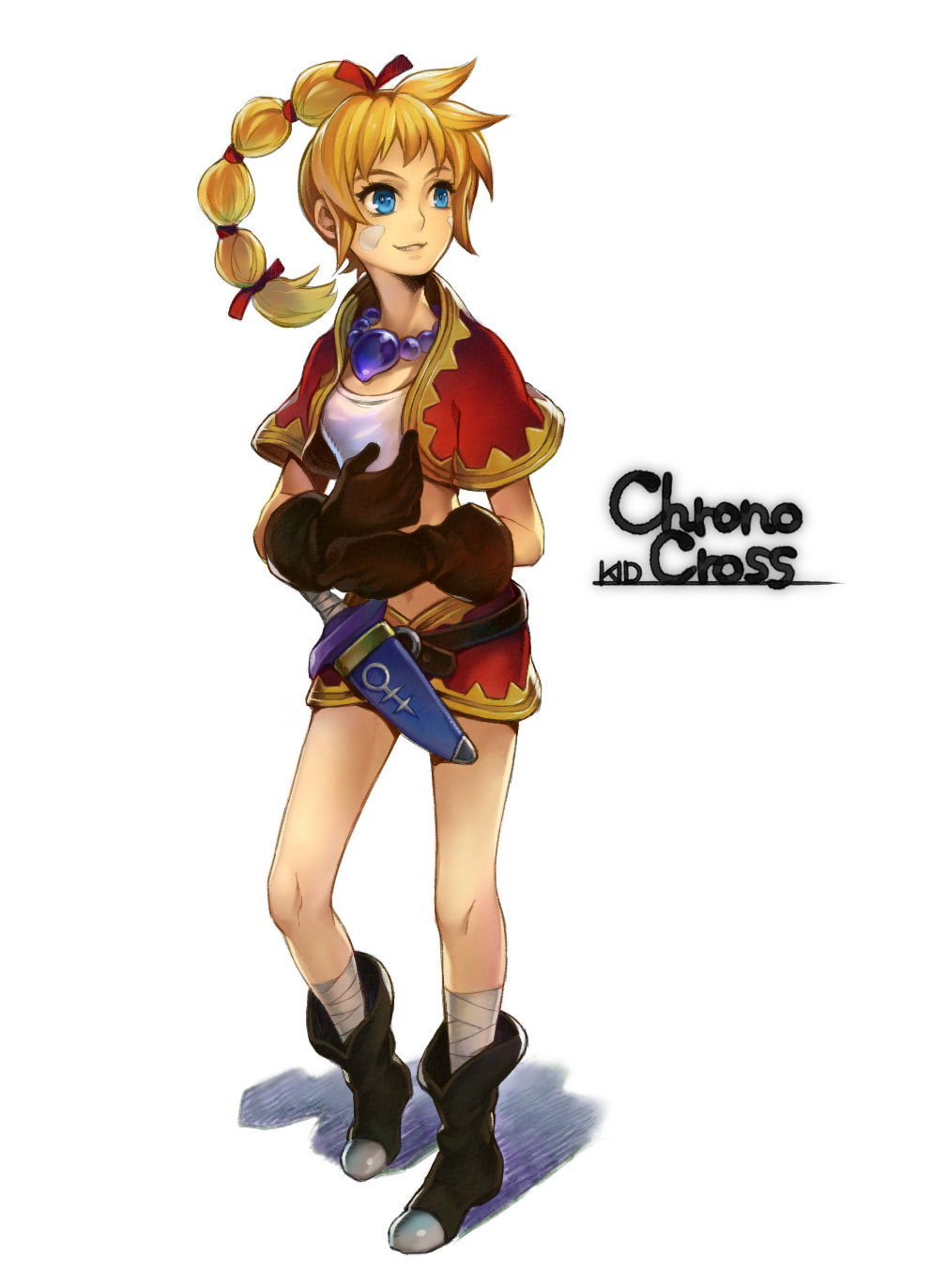 bandages beads blonde_hair blue_eyes boots character_name chrono_cross copyright_name dagger facial_mark gloves high_ponytail highres jewelry kid_(chrono_cross) kirizu_shian long_hair midriff multi-tied_hair necklace ponytail sheath skirt smile solo vest weapon