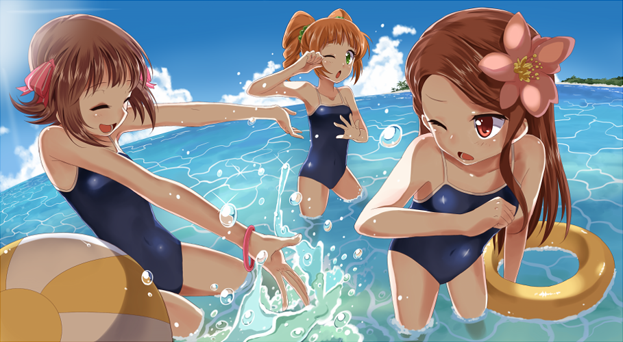 amami_haruka ball beachball brown_eyes brown_hair cloud danzero day fisheye flower forehead green_eyes hair_flower hair_ornament idolmaster idolmaster_(classic) innertube long_hair minase_iori multiple_girls one-piece_swimsuit outdoors school_swimsuit short_hair sky splashing swimsuit takatsuki_yayoi twintails water