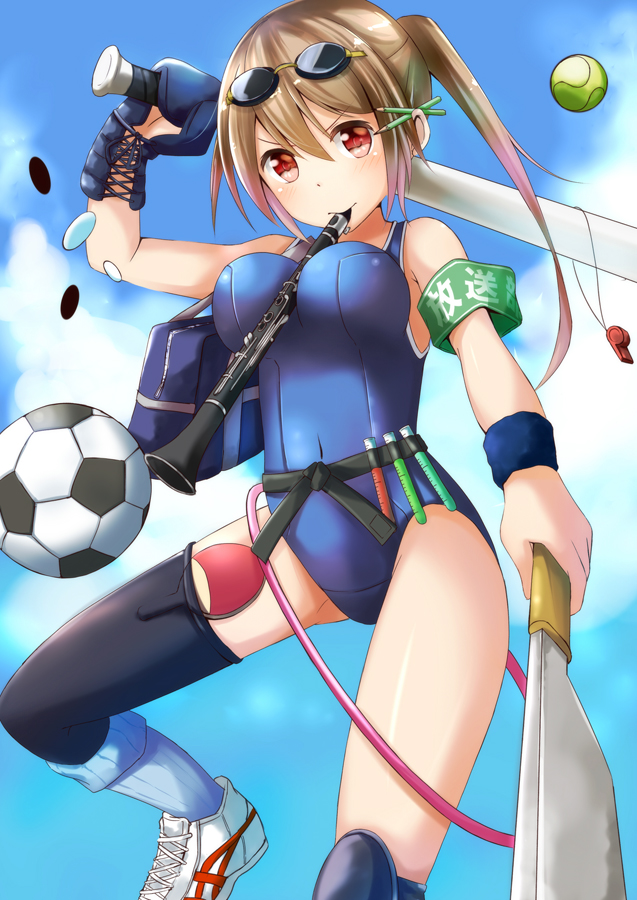 armband bag ball baseball_bat between_breasts breasts brown_hair chips clarinet food gloves goggles goggles_on_head instrument knife long_hair mouth_hold ok-ray one-piece_swimsuit original paddle red_eyes school_swimsuit side_ponytail soccer_ball solo swimsuit table_tennis_paddle telstar tennis_ball thighhighs whistle