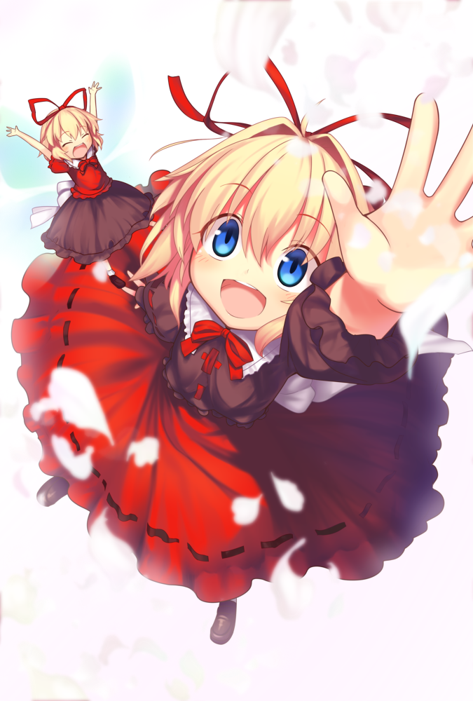 :d ^_^ arm_up blonde_hair blue_eyes blush closed_eyes from_above hair_ribbon kaiza_(rider000) looking_up medicine_melancholy open_mouth outstretched_arms petals ribbon smile solo su-san touhou