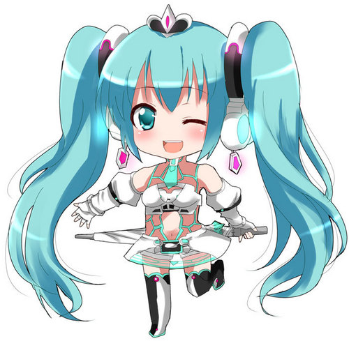;d aoba_mina aqua_eyes aqua_hair blush chibi closed_umbrella detached_sleeves full_body gloves goodsmile_company goodsmile_racing hatsune_miku long_hair lowres midriff navel no_nose one_eye_closed open_mouth race_queen racing_miku racing_miku_(2012) smile solo standing standing_on_one_leg thighhighs twintails umbrella very_long_hair vocaloid white_background