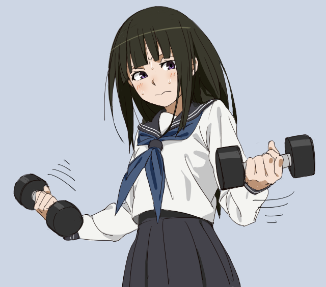 black_hair chitanda_eru dumbbell exercise hyouka long_hair purple_eyes school_uniform serafuku solo tatsuki3594 weightlifting weights