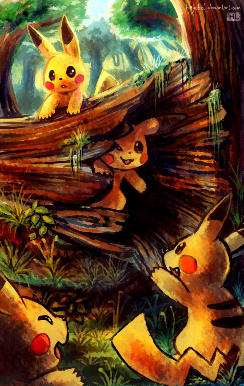 brown_eyes forest fur grass haychel moss nintendo outside pikachu pok&#233;mon pok&eacute;mon smile tree video_games wood yellow_fur