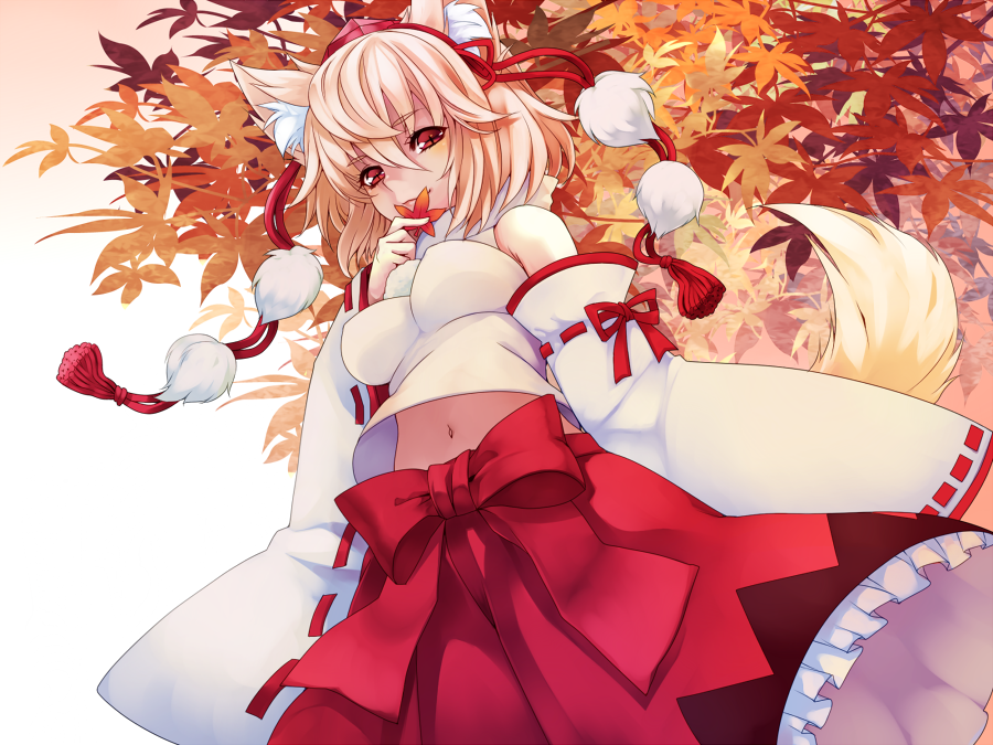 animal_ears autumn_leaves bad_id bad_pixiv_id bare_shoulders blonde_hair breasts detached_sleeves hat holding impossible_clothes impossible_shirt inubashiri_momiji leaf light_smile maple_leaf medium_breasts midriff navel pom_pom_(clothes) settyaro shirt short_hair solo tail tassel tokin_hat touhou white_hair wolf_ears wolf_tail