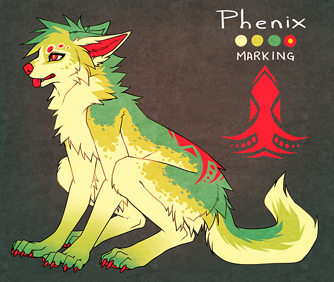 falvie fur green_fur hindpaw markings paws red_eyes red_markings solo unknown_species yellow_fur