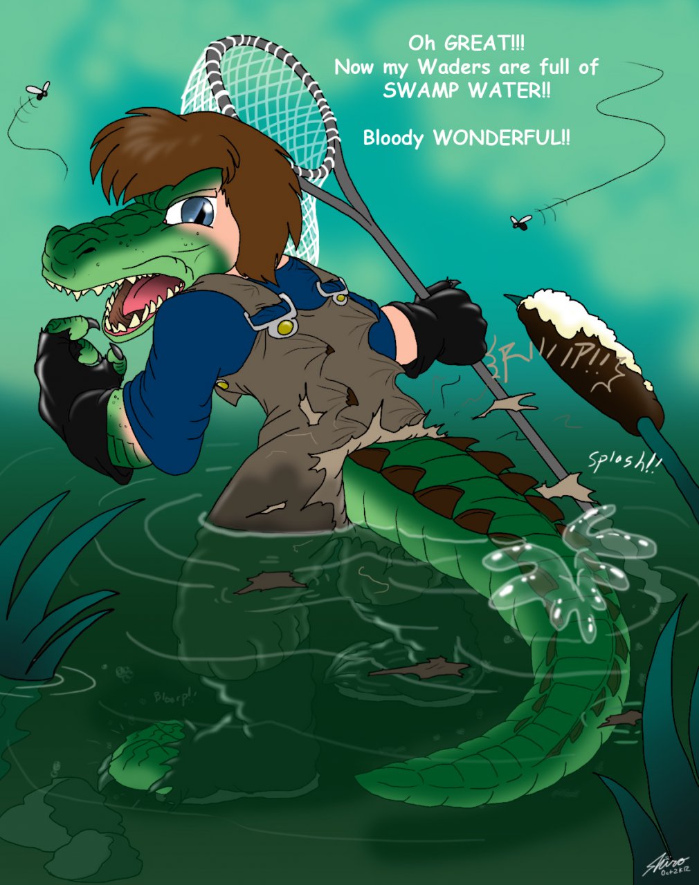 alligator ambiguous_gender angry boots catmonkshiro claws clothing flies gloves net overalls pants reptile rocks rubber_boots scales scalie suspenders swamp teeth torn_clothing transformation waders water