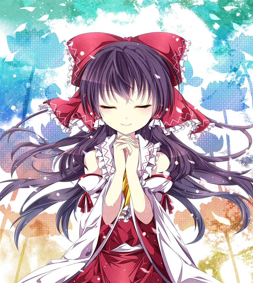 ascot bad_id bad_pixiv_id bare_shoulders black_hair bow closed_eyes detached_sleeves hair_bow hair_tubes hakurei_reimu hands_clasped hikobae long_hair own_hands_together shirt skirt skirt_set smile solo touhou wide_sleeves wind