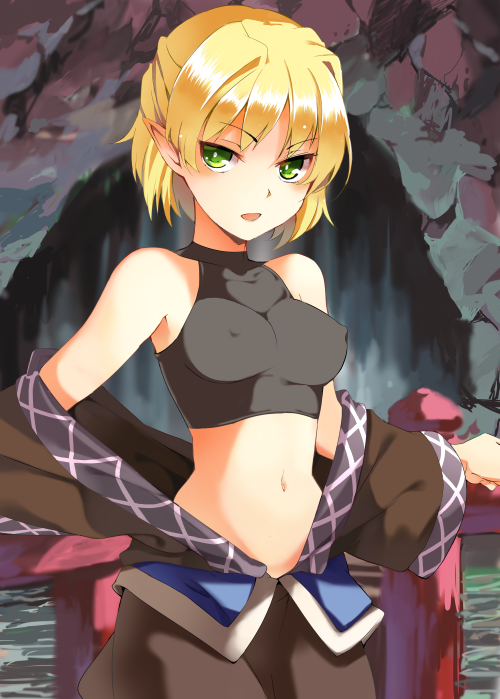 :d bad_id bad_pixiv_id bare_shoulders blonde_hair blush breasts covered_nipples green_eyes half_updo hasebe_yuusaku medium_breasts midriff mizuhashi_parsee navel off_shoulder open_mouth outstretched_arms pointy_ears short_hair sleeveless sleeveless_turtleneck smile solo touhou turtleneck underground undressing