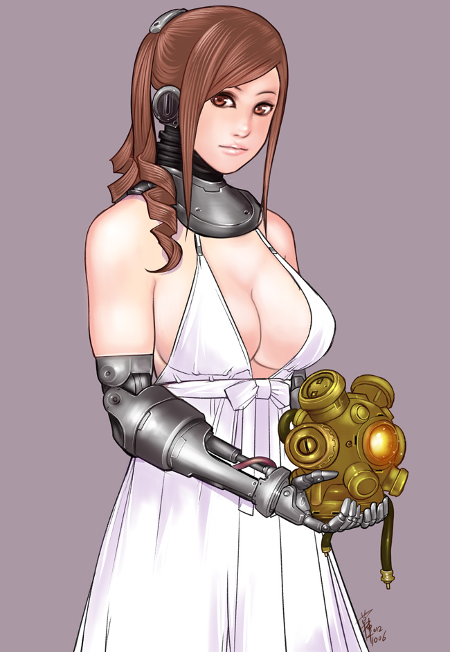 bad_id bad_pixiv_id breasts brown_hair cleavage cyborg dated drill_hair holding kusagami_style large_breasts lips long_hair original signature simple_background solo