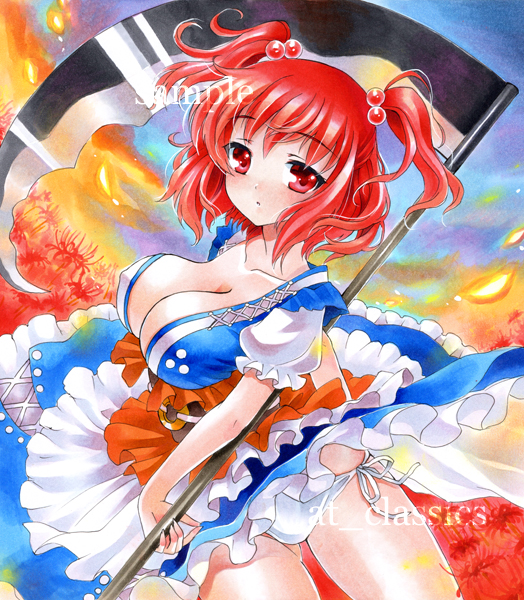 at_classics blush breasts cleavage collarbone covered_nipples flower frills hair_bobbles hair_ornament large_breasts onozuka_komachi panties red_eyes sample scythe short_hair side-tie_panties solo spider_lily touhou traditional_media two_side_up underwear upskirt weapon white_panties