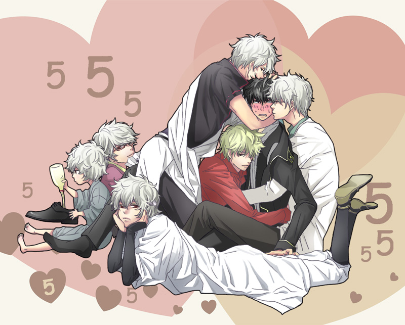 bad_id bad_pixiv_id black_hair blonde_hair blush gintama hijikata_toushirou male_focus mayonnaise multiple_boys multiple_persona older red_eyes sakata_gintoki silver_hair tosshii_(so_sty) younger