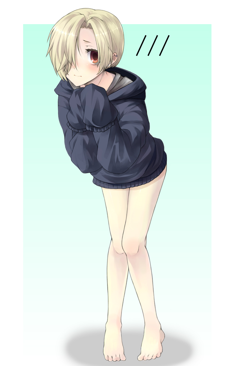 1girl bags_under_eyes bare_legs barefoot bent_over blonde_hair blush bottomless ear_piercing gojuu_hachishiki hair_over_one_eye highres idolmaster idolmaster_cinderella_girls leaning_forward pale_skin piercing red_eyes shirasaka_koume short_hair sleeves_past_wrists sweater