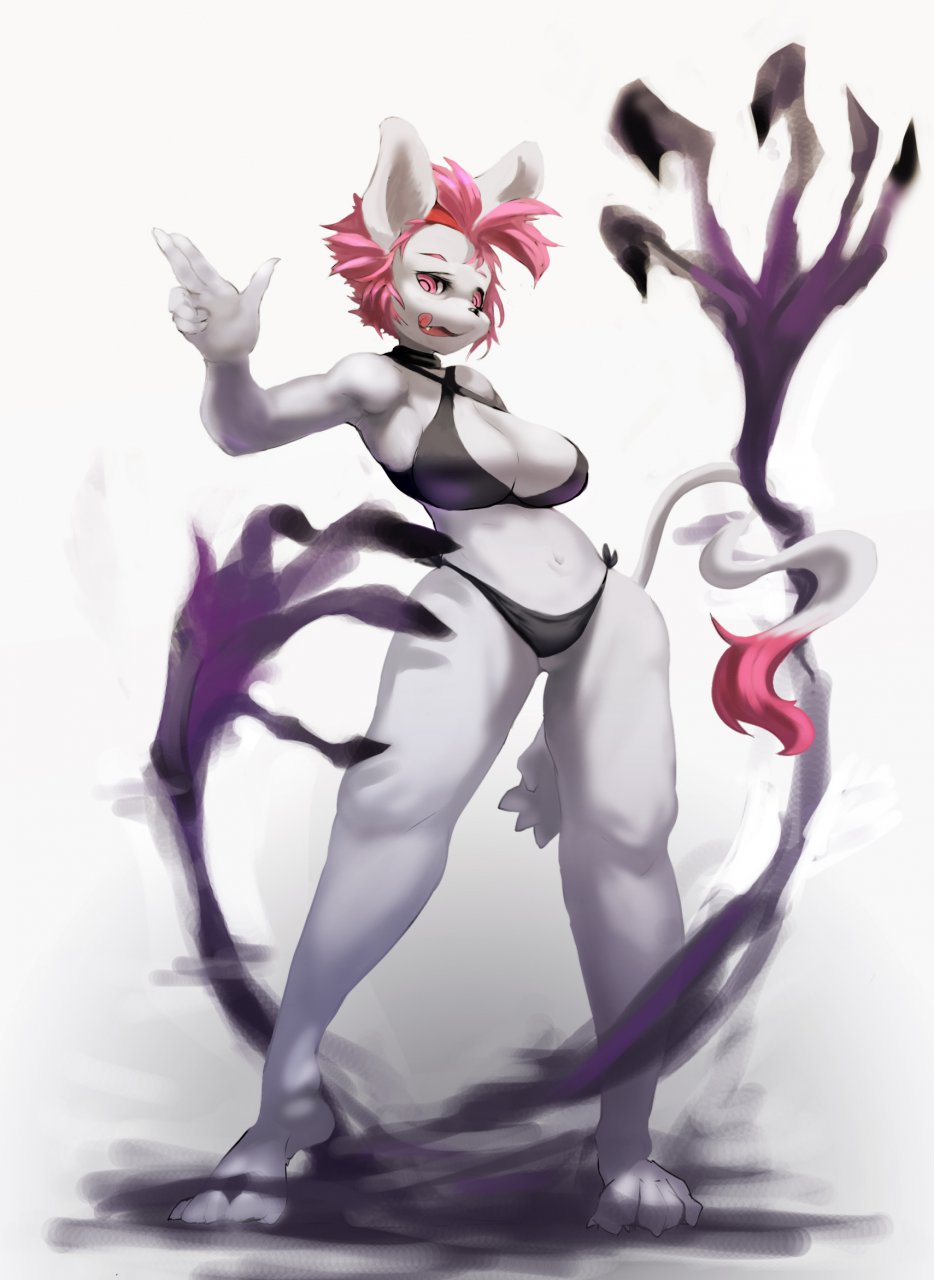 big_breasts breasts clothed clothing deanii feline female fur hair lion looking_at_viewer mammal mohawk navel open_mouth pink_eyes pink_hair shallot short_hair skimpy smile solo standing tail_tuft thick_thighs thighs tongue tuft white_fur white_lion wide_hips