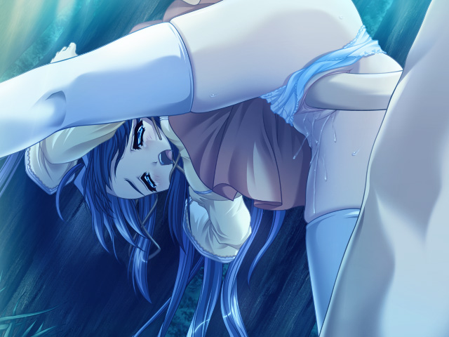 1girl blue_eyes blue_hair blush cg clothed_sex cosplay_alien from_behind game_cg long_hair panties sex shiori_hoshi uncensored underwear vaginal