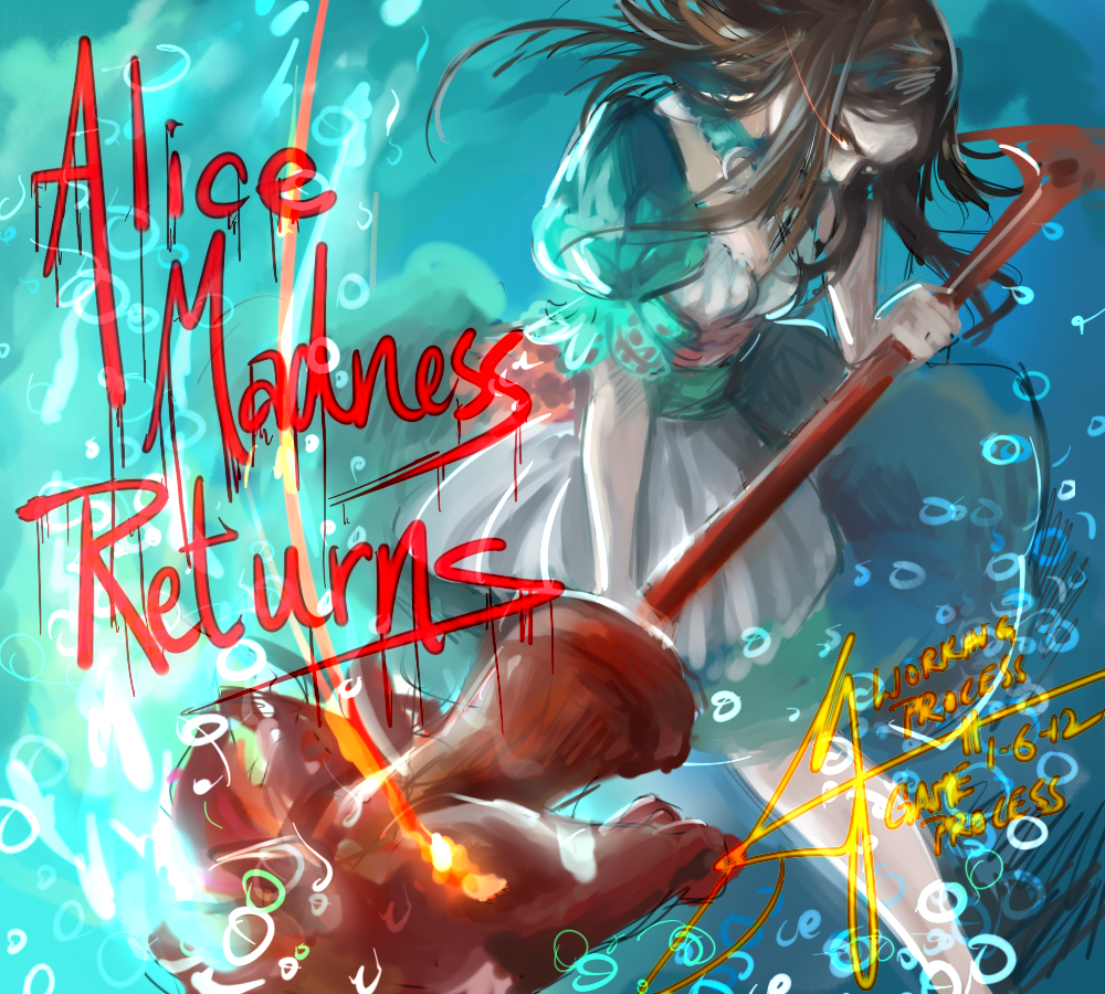 alice:_madness_returns alice_(wonderland) alice_in_wonderland american_mcgee's_alice brown_hair bubble choker dress hobby_horse long_hair puffy_sleeves sketch solo yan_wong