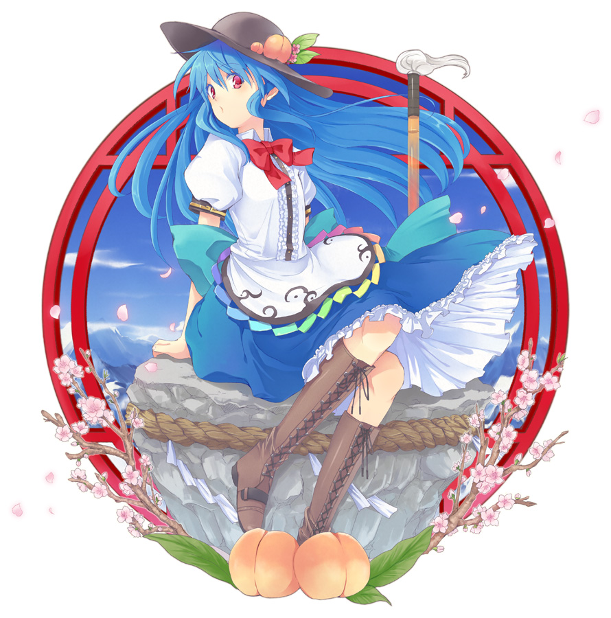 blue_hair boots cherry_blossoms cross-laced_footwear food fruit hat hinanawi_tenshi keystone long_hair peach petals red_eyes sitting solo sword sword_of_hisou touhou watase_rei weapon