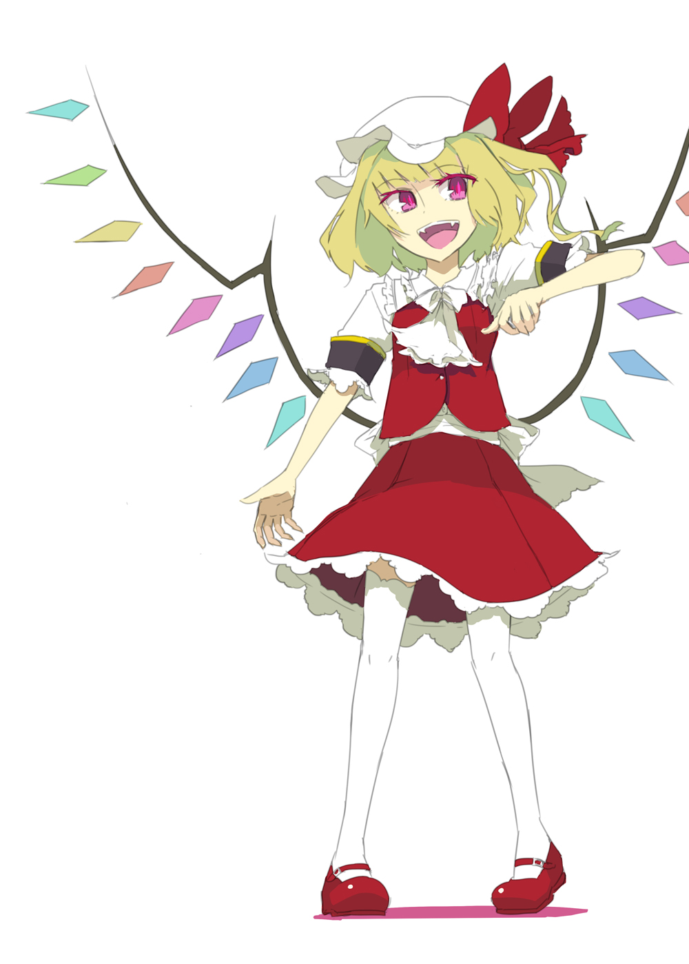 ascot bad_id bad_pixiv_id blonde_hair flandre_scarlet full_body hat highres mary_janes open_mouth red_eyes shoes short_hair side_ponytail simple_background smile solo tai0201 thighhighs touhou white_background white_legwear wings
