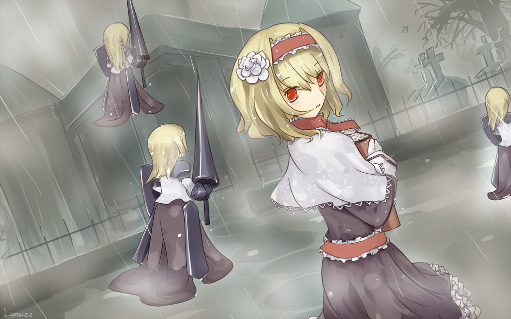 alice_margatroid alternate_eye_color blonde_hair book bow capelet doll flower gloves graveyard hairband lance lanwee outdoors polearm rain red_eyes ribbon rose shanghai_doll shield short_hair tombstone touhou weapon