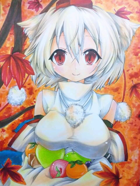 animal_ears autumn_leaves bare_shoulders breasts detached_sleeves food fruit hat impossible_clothes impossible_shirt inubashiri_momiji large_breasts leaf looking_at_viewer maple_leaf pastel_(medium) red_eyes shirt short_hair silver_hair smile solo tasogare_neko tokin_hat touhou traditional_media wolf_ears