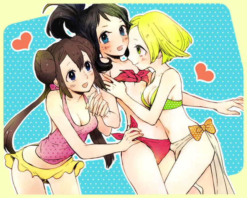 bel_(pokemon) bikini blonde_hair blue_eyes blush bow breasts brown_hair cleavage double_bun front-tie_top green_eyes heart holding_hands hug long_hair md5_mismatch medium_breasts mei_(pokemon) multiple_girls pokemon pokemon_(game) pokemon_bw pokemon_bw2 ponytail red_bikini shigeru short_hair shorts side-tie_bikini sweat swimsuit touko_(pokemon) twintails undressing