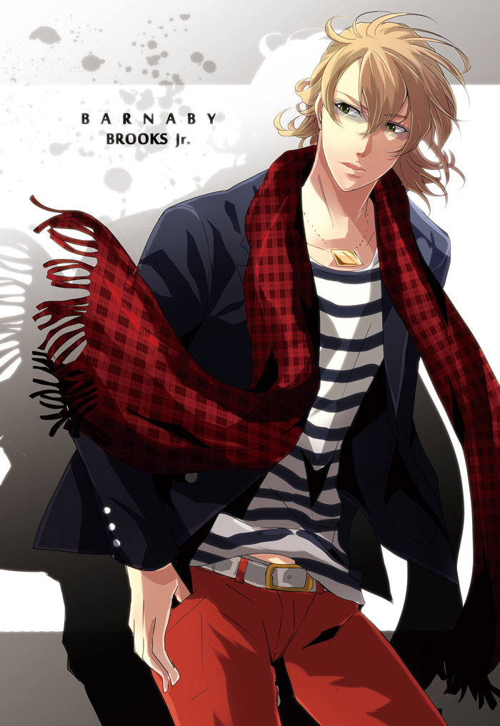 acaallodola alternate_costume barnaby_brooks_jr blonde_hair fringe_trim glasses green_eyes jewelry male_focus necklace plaid plaid_scarf red_scarf scarf solo striped tiger_&amp;_bunny