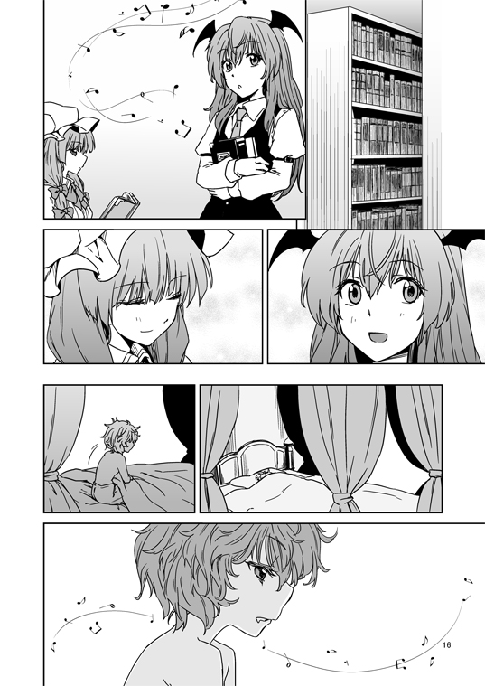 abo_(hechouchou) bat_wings bed book bow closed_eyes comic greyscale hair_bow hat head_wings koakuma messy_hair monochrome multiple_girls musical_note patchouli_knowledge remilia_scarlet short_hair silent_comic sleepy touhou wings