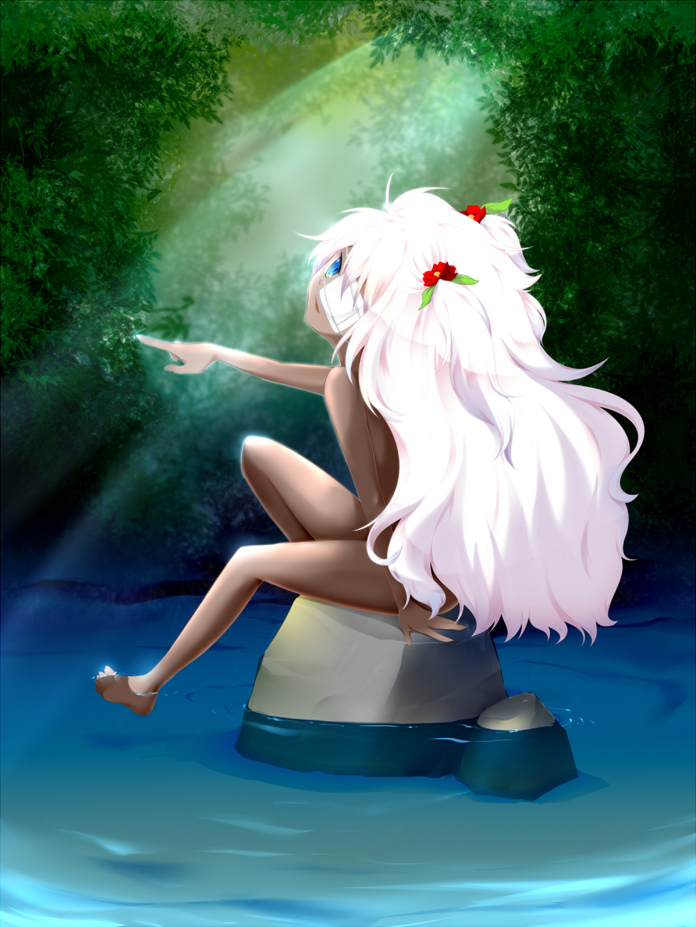 bad_id bad_pixiv_id barefoot blue_eyes eyepatch flower hair_flower hair_ornament highres long_hair nude open_mouth original pointing rock smile solo umxzo wading water white_hair