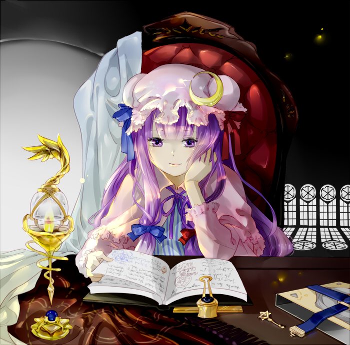 bad_id bad_pixiv_id book capelet chair chin_rest crescent dress hat koma_midori light_smile long_hair open_book patchouli_knowledge purple_eyes purple_hair reading sitting smile solo touhou upper_body