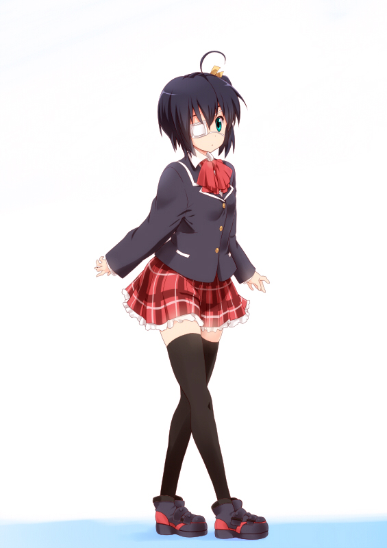 ahoge black_hair black_legwear blazer blue_eyes boots chuunibyou_demo_koi_ga_shitai! eyepatch hair_ornament jacket plaid plaid_skirt school_uniform short_hair skirt solo sora_to_umi takanashi_rikka thighhighs zettai_ryouiki