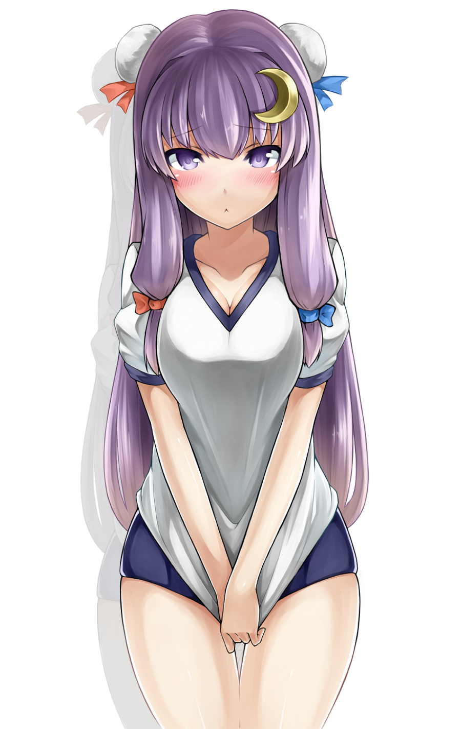 :&lt; alternate_costume blush breasts bun_cover buruma cleavage covering covering_crotch crescent crescent_hair_ornament double_bun embarrassed eyebrows eyebrows_visible_through_hair gym_uniform hair_ornament highres large_breasts long_hair looking_at_viewer no_hat no_headwear patchouli_knowledge purple_eyes purple_hair shirousagi_uyu shirt_tug simple_background solo standing thigh_gap touhou v_arms very_long_hair white_background