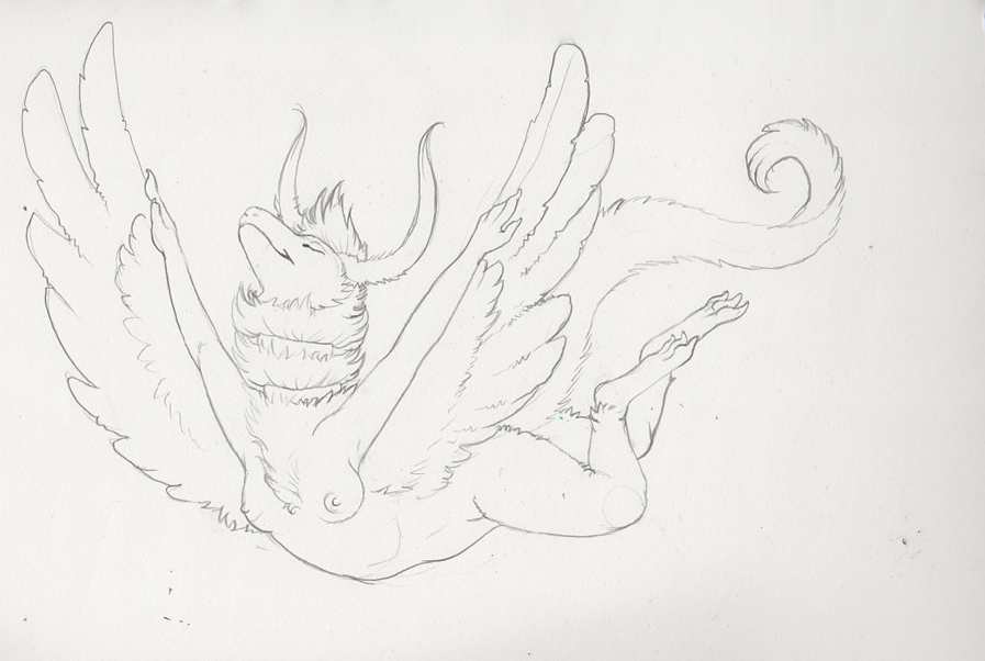 albinodoe breasts eyes_closed female greyscale horn monochrome pencils small_breasts solo wings