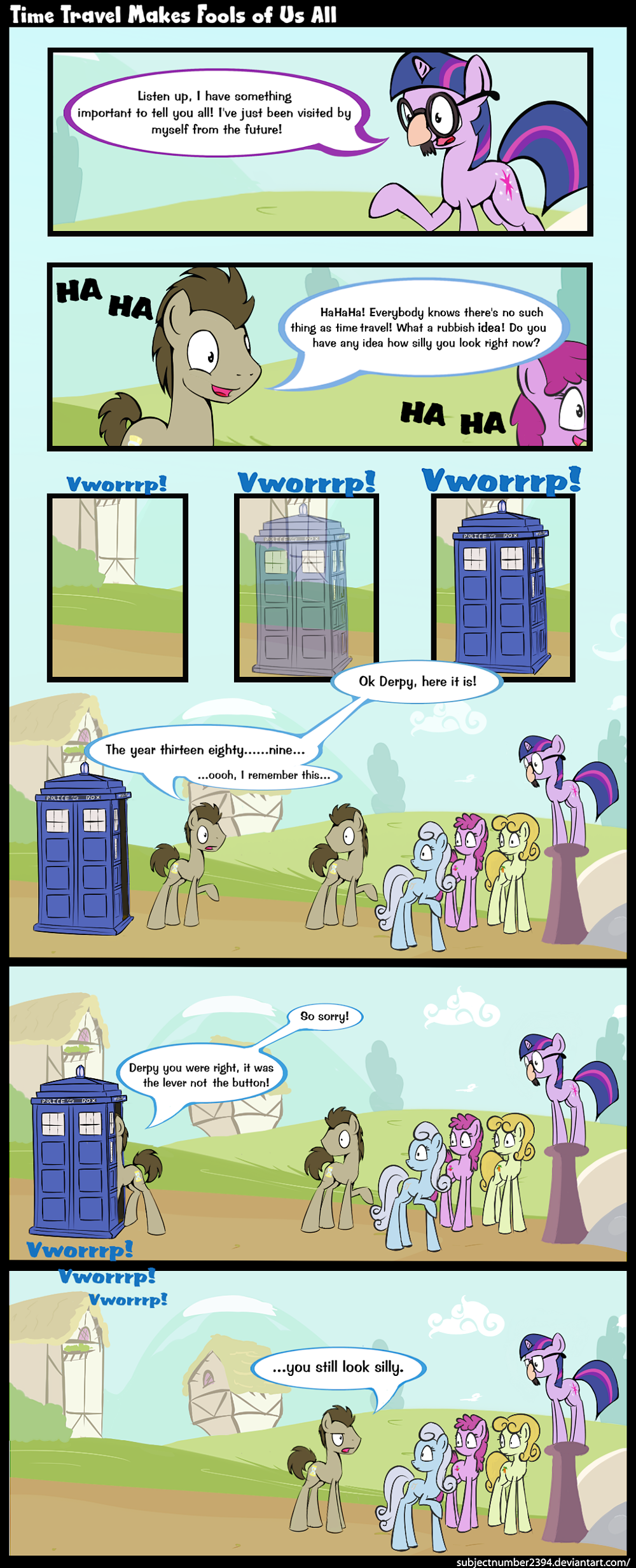 brown_eyes brown_hair carrot_top_(mlp) comic cutie_mark dialog dialogue doctor_whoof_(mlp) doctor_whooves_(mlp) english_text equine eyewear female feral friendship_is_magic glasses group hair horn horse male mammal multi-colored_hair my_little_pony pony purple_eyes subjectnumber2394 tardis text the_tardis twilight_sparkle_(mlp) unicorn