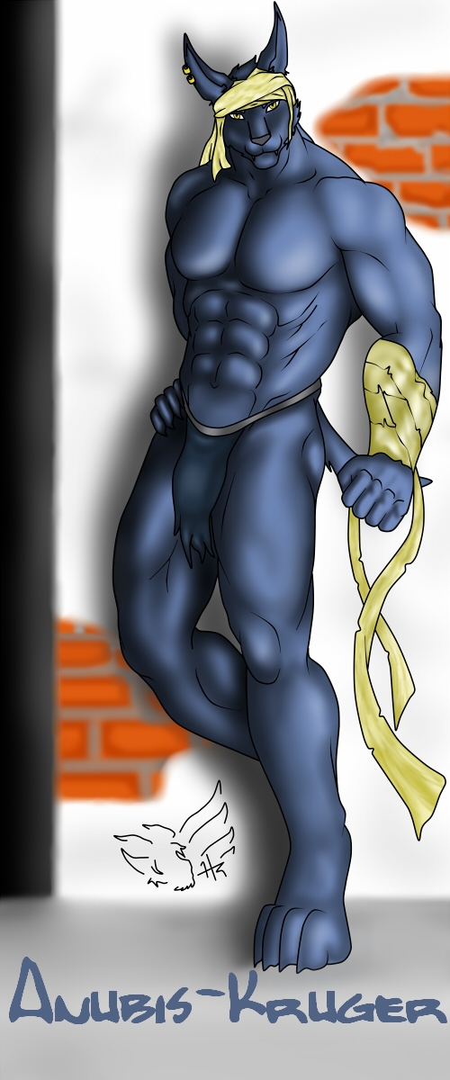 abs anthro anubian_jackal anubis anubis_kruger bandage bands biceps black_nose blue_fur blue_skin canine claws clothed clothing deity dog fanart fangs fur gammauzumaki half-dressed hunter jackal loincloth male mammal muscles pecs pose signature solo toe_claws topless underwear yellow_eyes