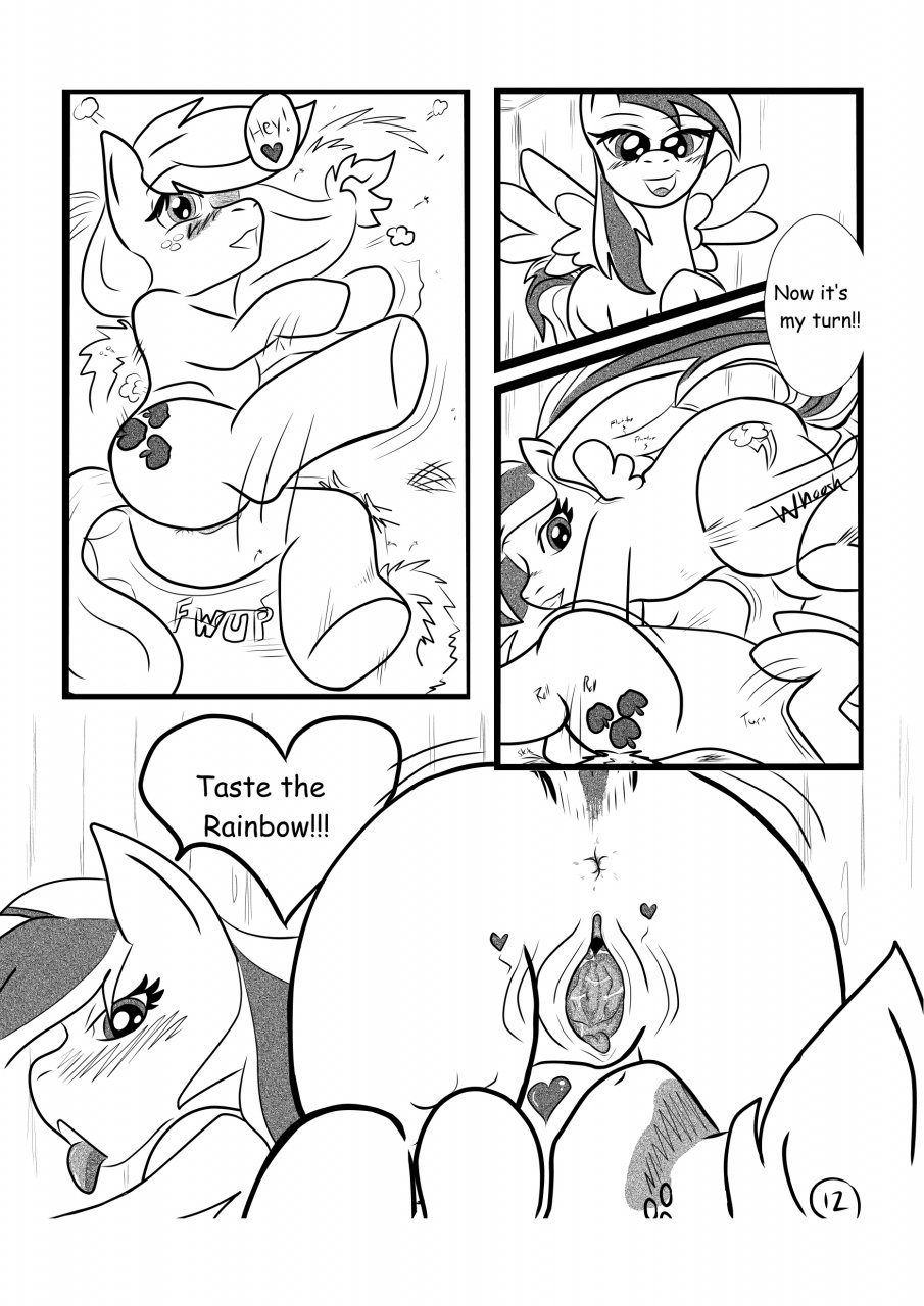 anus applejack_(mlp) barn black_and_white blush comic cutie_mark dialog dialogue duo english_text equine female feral freckles friendship_is_magic horse kyokimute mammal monochrome my_little_pony pegasus plain_background pony pussy rainbow_dash_(mlp) text tongue wet white_background wings