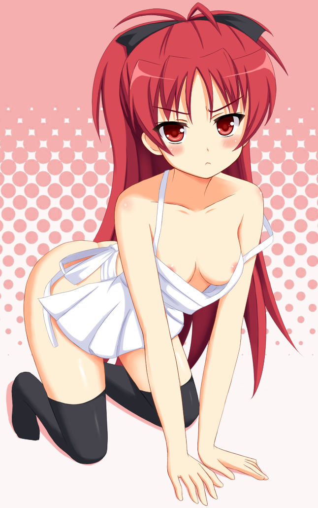 :&lt; all_fours apron areola_slip areolae bad_id bad_pixiv_id black_legwear borubomu bow breasts hair_bow hair_ribbon halftone halftone_background mahou_shoujo_madoka_magica medium_breasts naked_apron no_bra no_panties red_eyes red_hair ribbon sakura_kyouko thighhighs