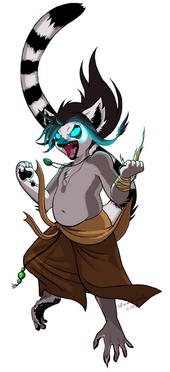 angry brown_hair chest_tuft chubby fangs fist fur glowing glowing_eyes grey_fur hair hi_res lemur long_hair long_tail magic_user male mammal navel necklace open_mouth plain_background primate rem riftryu ringed_tail shadow solo tongue topless tuft white_background