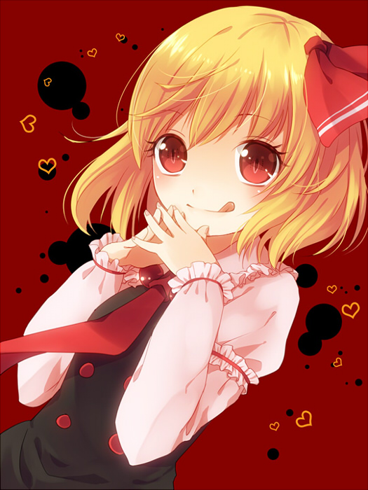 :q bad_id bad_pixiv_id blonde_hair bow hair_bow hair_ribbon heart long_sleeves looking_at_viewer necktie nunucco red_eyes red_neckwear ribbon rumia short_hair smile solo tongue tongue_out touhou