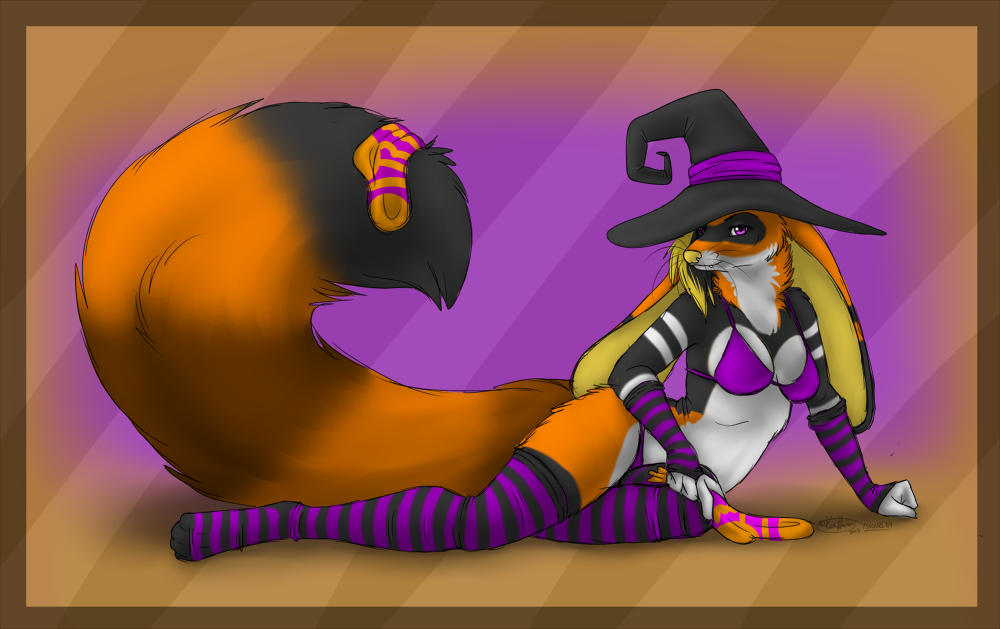 big_ears bikini canine clothed clothing female ferret fox fur halloween hat holidays hybrid legwear looking_at_viewer magic_user mammal mustelid mxgurl89 orange_fur pinp pinup pose skimpy solo stockings striped_socks swimsuit witch witch_hat
