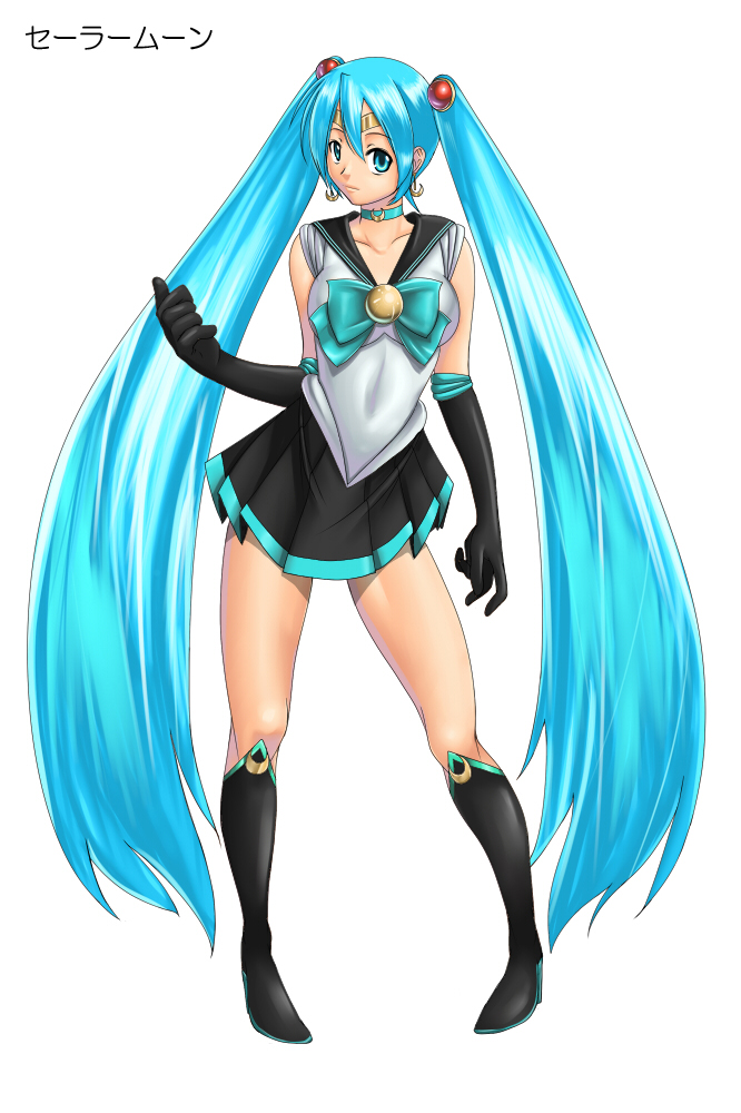 aqua_eyes aqua_hair bare_legs bishoujo_senshi_sailor_moon black_gloves boots breasts choker contrapposto cosplay crescent earrings elbow_gloves full_body gloves hair_ornament hatsune_miku jewelry judge_martin knee_boots large_breasts long_hair pigeon-toed sailor_collar sailor_senshi_costume sailor_senshi_uniform simple_background skirt solo standing twintails very_long_hair vocaloid white_background