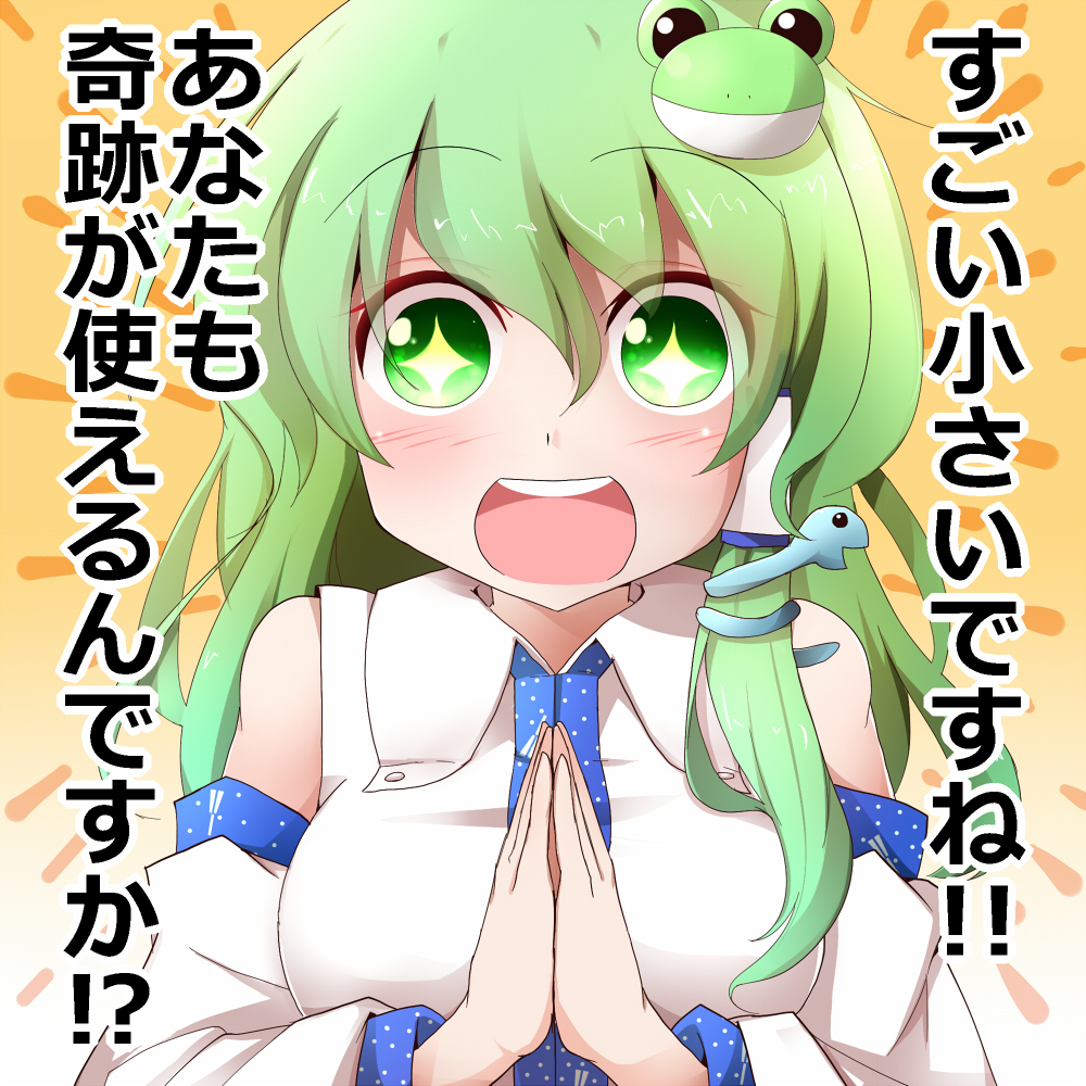 1girl :d blush breasts check_translation detached_sleeves frog_hair_ornament green_eyes green_hair hair_ornament hair_tubes hands_together happy hiro_(pqtks113) kochiya_sanae long_hair looking_at_viewer medium_breasts open_mouth orange_background round_teeth smile snake solo symbol-shaped_pupils teeth text_focus touhou translated translation_request wide_sleeves
