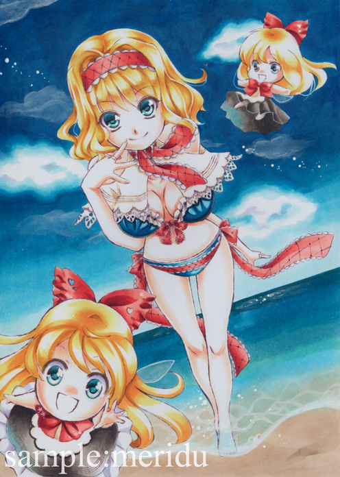 :d adapted_costume alice_margatroid bare_legs beach bikini blonde_hair bow breasts capelet cloud day doll dutch_angle floating full_body hair_bow hairband hiyokonomi lace looking_at_viewer marker_(medium) medium_breasts ocean open_mouth outdoors outstretched_hand ribbon sample shanghai_doll short_hair side-tie_bikini sky smile swimsuit touhou traditional_media