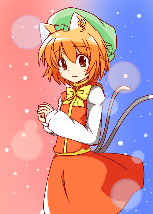 animal_ears bad_id bad_pixiv_id brown_hair cat_ears cat_tail chen hat jewelry kachoo multiple_tails single_earring smile solo tail touhou