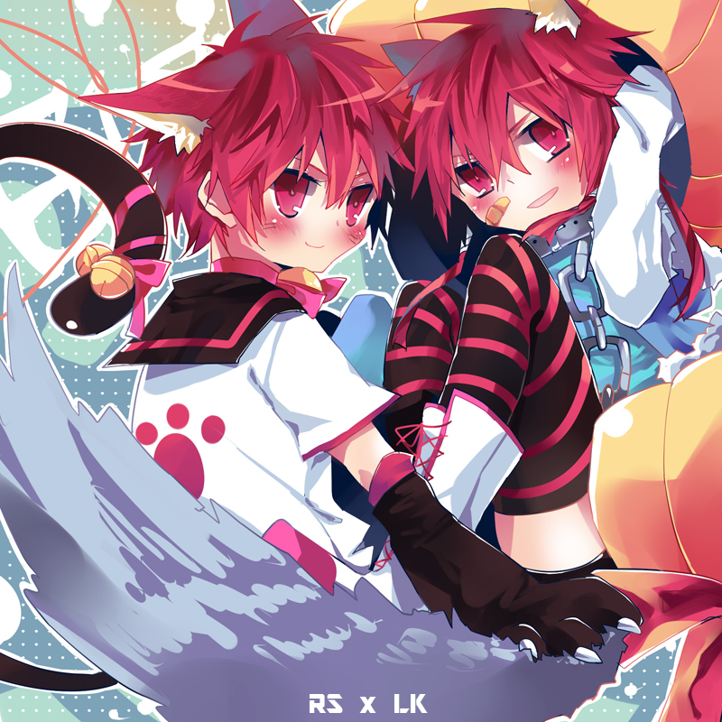 alternate_costume animal_ears bad_id bad_pixiv_id bandages bell blush cat_ears cat_tail chain choker dual_persona elsword elsword_(character) extra_ears kemonomimi_mode male_focus red_eyes red_hair ribbon sailor_collar shoes smile striped striped_legwear tail thighhighs utm