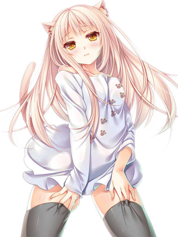 animal_ears bare_shoulders black_legwear blonde_hair blush cat_ears cat_tail cocoa_(cafe-hotcocoa) collarbone long_hair original paw_print shino_(endyy) simple_background solo tail thighhighs wavy_mouth white_background yellow_eyes