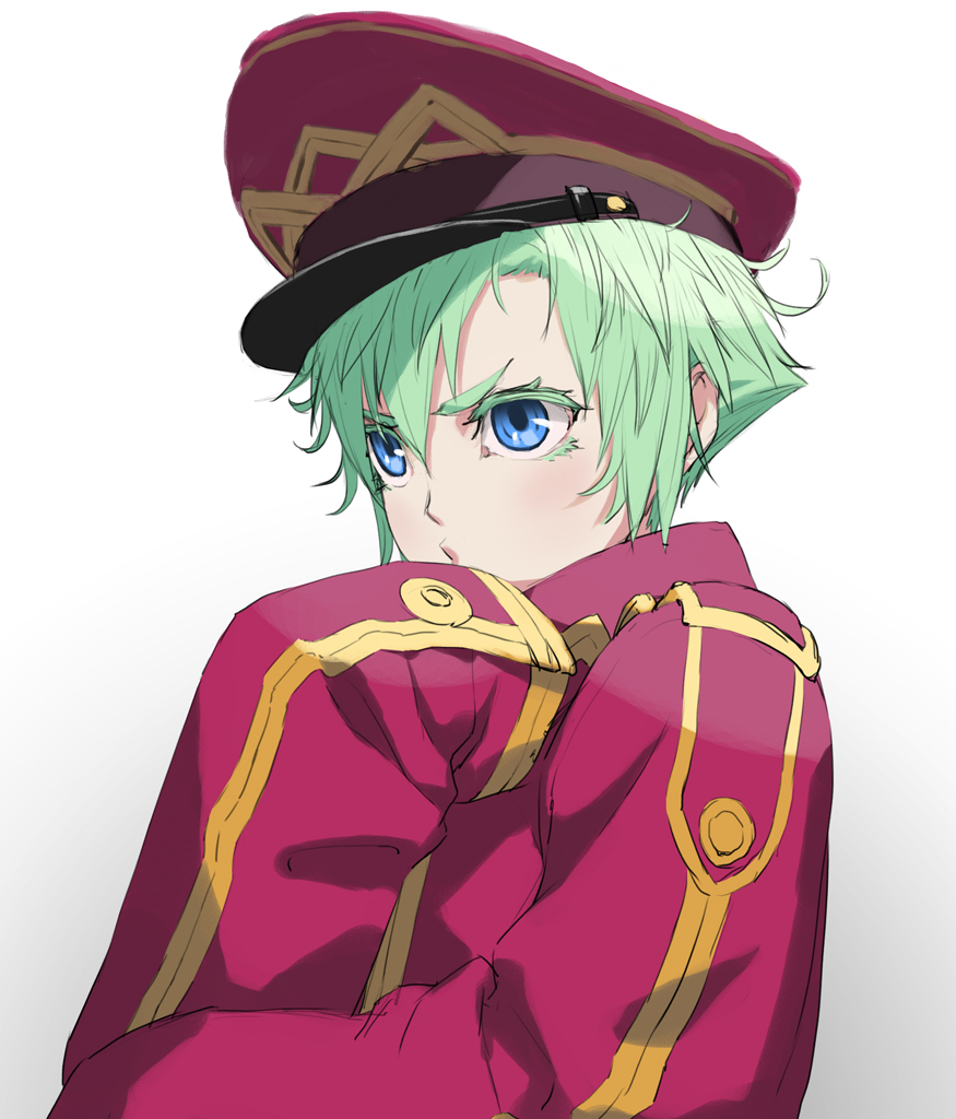 blue_eyes cozy frown green_hair hat lips original oversized_clothes sleeves_past_wrists solo