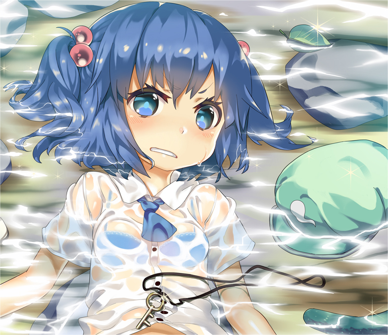 angry blue_bra blue_eyes blue_hair blush bra cucumber dress_shirt hair_bobbles hair_ornament hat hat_removed headwear_removed kawashiro_nitori key leaf looking_at_viewer lying on_back partially_submerged see-through shimoda-kon shirt short_hair short_twintails solo touhou twintails two_side_up underwear water wet wet_clothes wet_shirt