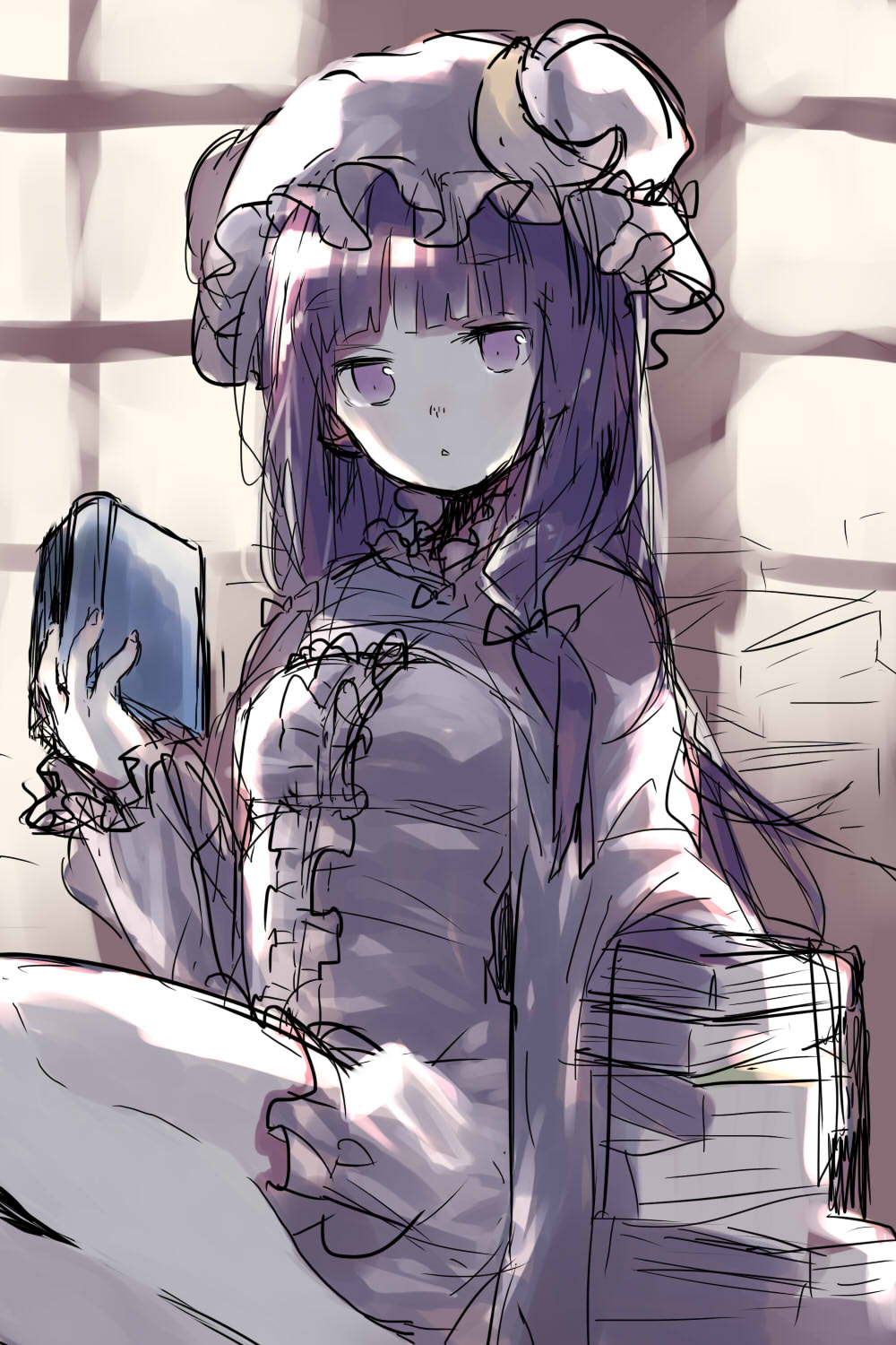 book crescent dress hat highres long_hair masaizo patchouli_knowledge purple_eyes purple_hair sketch solo touhou
