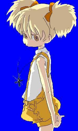 21_(198721) bangs blonde_hair blue_background brown_eyes child cross dress hatchin_morenos lowres michiko_to_hacchin ribbon shorts solo suspenders twintails