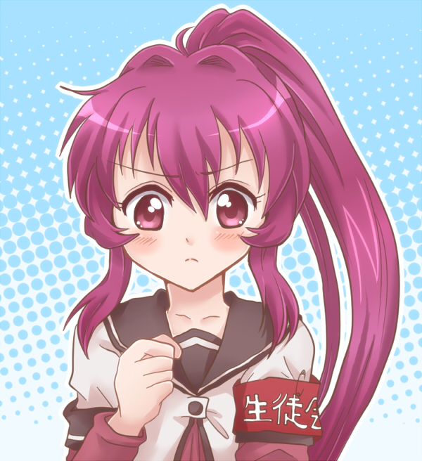 long_hair nanamori_school_uniform ponytail purple_eyes purple_hair school_uniform serafuku solo sugiura_ayano yuru_yuri
