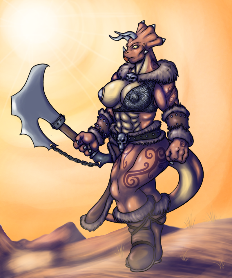 anthro axe big_breasts breasts dinosaur female frown horn lordstevie muscles muscular_female outside sauropod scalie tattoo triceratops weapon
